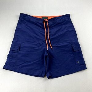 Vintage Cargo Swim Trunk Shorts Mens Medium Navy Blue Trader Bay Beach Surf 90s